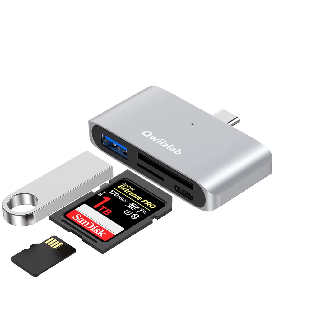 [Australia - AusPower] - Qwiizlab 4-in-1 USB-C 3.0 Hub, SD/Micro Memory Card Readers, USB-A 5Gbps, USB-C 2.0, for MacBook Air Pro iMac HP XPS Lenovo Windows Laptop PC(Silver) Silver 