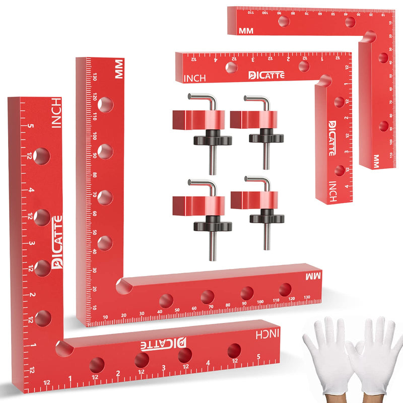 [Australia - AusPower] - DICATTE 90 Degree Positioning Square Right Angle Clamp( 5.5" +4.7") Aluminum Alloy Woodworking Carpenter Tool,4 Pcs Right Angle Clamps With 4 Clamps ,For Picture Frame Box Cabinets Drawers (RED) Red 