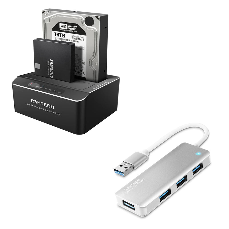 [Australia - AusPower] - RSHTECH Aluminum Dual Bay Hard Drive Dock+Aluminum 4 Port Ultra Slim USB 3.0 Data Hub 