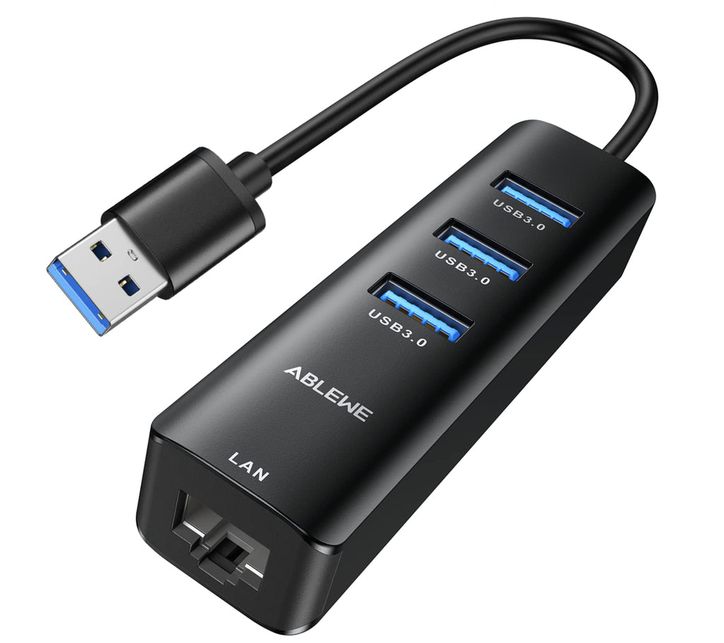 [Australia - AusPower] - USB to Ethernet Adapter, ABLEWE 3 Ports USB 3.0 Hub with RJ45 1Gbps Gigabit Ethernet Adapter, for MacBook Air 2017, iMac, XPS, Surface Pro, Linux, Chromebook, Notebook and More - Black 