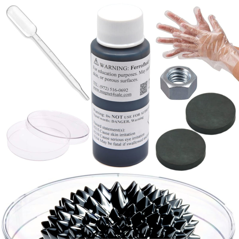 [Australia - AusPower] - CMS MAGNETICS - (1oz Kit with Magnets) Ferrofluid Science Project for Education in Magnetism - Includes: 1 Fluid Ounce (29.5mL) Bottle of Ferrofluid, Gloves, Pipette, Petri Dishes, Magnets, Steel Nut 1 fluid oz (29.5mL) Magnets & Fluid Kit 