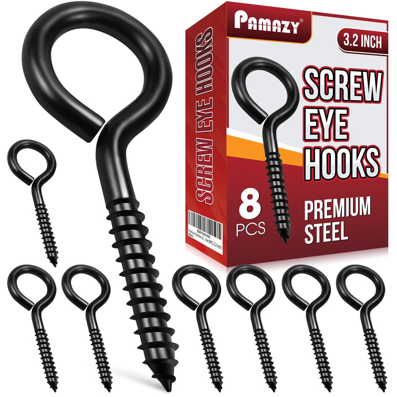 [Australia - AusPower] - 8Pcs Screw Eyes, 3.2 Inch Black Eye Hooks Screw Self Tapping Eye, Heavy Duty Eye Bolt for Wood Securing Cables Wire, Hammock Stand, Indoor & Outdoor Use (8PCS 3.2 Inch) 8PCS 