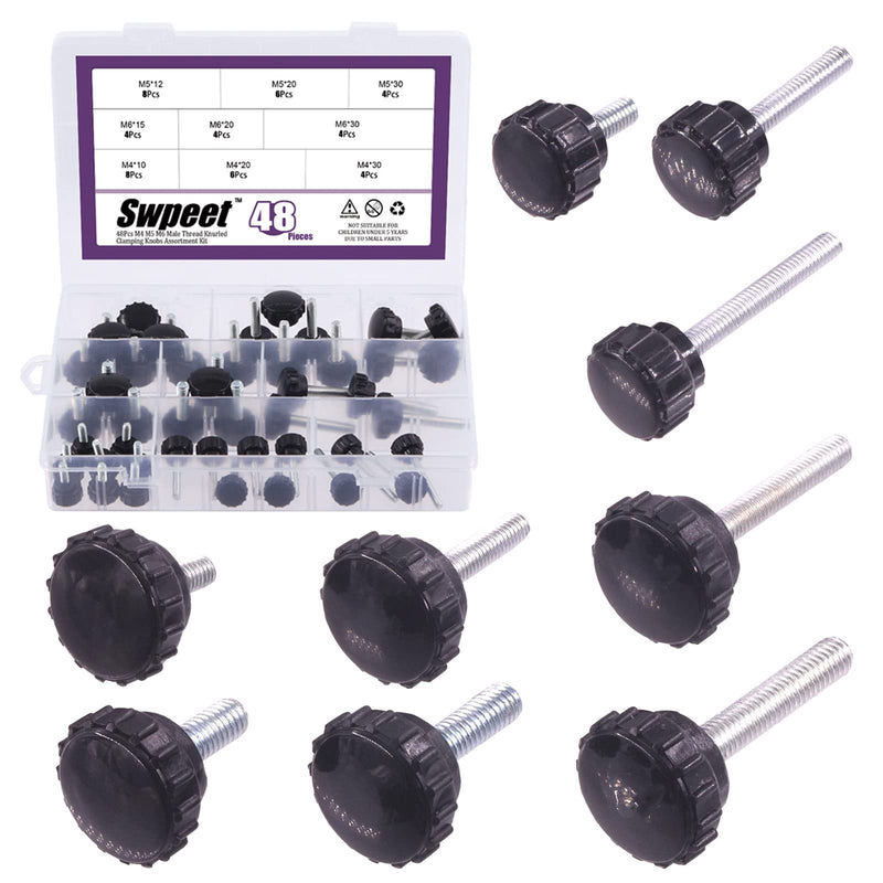 [Australia - AusPower] - Swpeet 48Pcs 9 Sizes M4 M5 M6 Black Round Male Thread Knurled Clamping Knobs Grip Thumb Screw Assortment Kit, Knurled Handle Bolts Grip for Quick Remove Screws Clamping Screws 