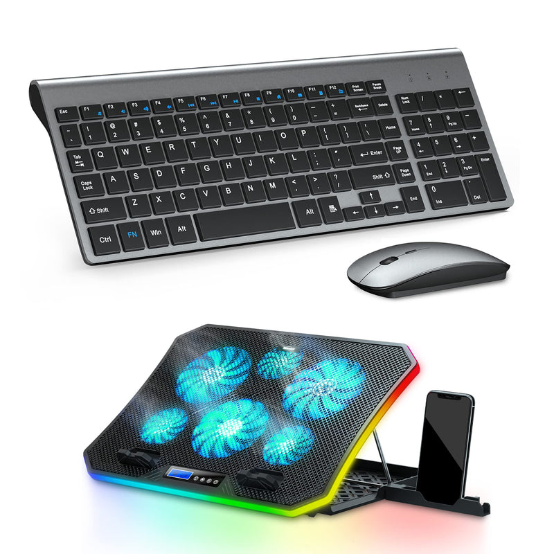 [Australia - AusPower] - TopMate KM9000 Wireless Keyboard and Mouse Ultra Slim Combo with Cover (Gray Black) + C12 Laptop Cooling Pad RGB Gaming Notebook Cooler (Ice Blue LED Light) 