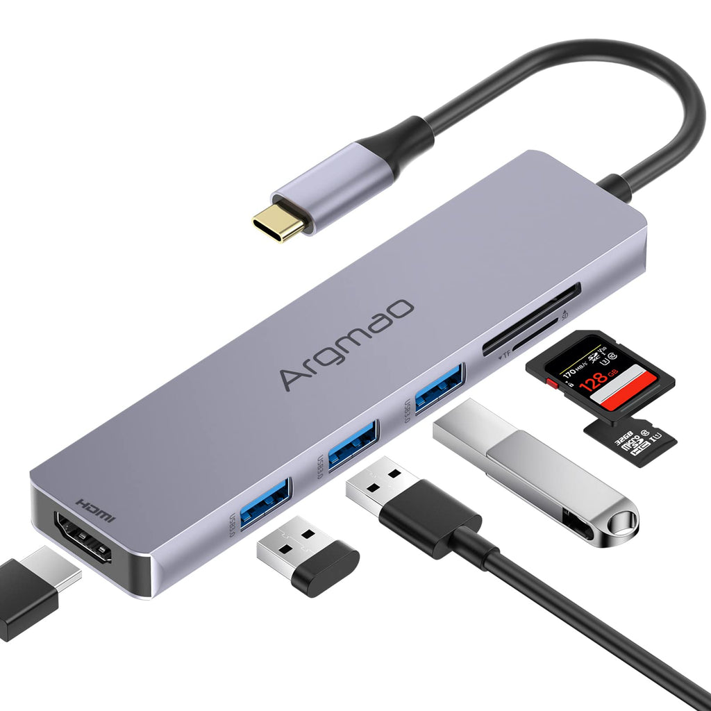 [Australia - AusPower] - Argmao 6 in 1 USB Type C HUB with 4K@30Hz HDMI, 3 USB 3.0 Ports, SD/TF Card Reader, Multiport Adapter Dongle Compatible for MacBook Air Pro Google Chromebook and Other Type C Laptops (Space Gray) Space Gray 