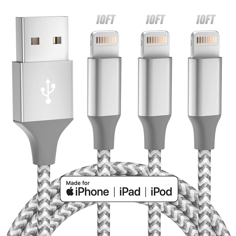 [Australia - AusPower] - iPhone Charger [Apple MFi Certified] 3pack 10FT Long Lightning Cable Fast Charging High Speed Data Sync USB Cable Compatible iPhone 13/12/11 Pro Max/XS MAX/XR/XS/X/8/7/Plus/6S (Grey White) 