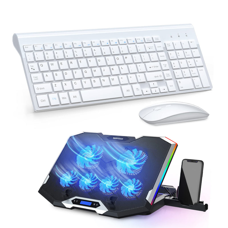 [Australia - AusPower] - TopMate KM9000 Wireless Keyboard and Mouse Ultra Slim Combo with Cover (White) + TopMate C11 Laptop Fan Cooling Pad RGB Gaming Height Adjustable with Phone Stand (Blue) 