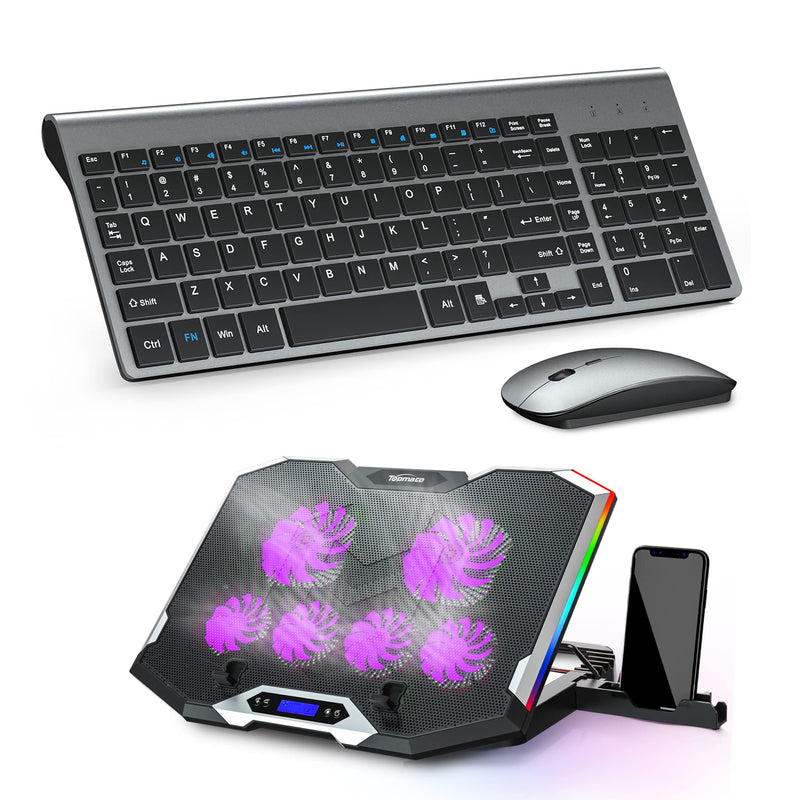 [Australia - AusPower] - TopMate KM9000 Wireless Keyboard and Mouse Ultra Slim Combo with Cover (Gray Black) + TopMate C11 Laptop Fan Cooling Pad RGB Gaming Height Adjustable with Phone Stand (Purple) 