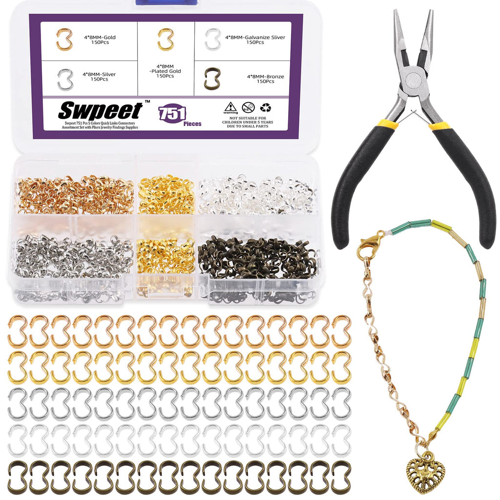 [Australia - AusPower] - Swpeet 751Pcs 0.15" x 0.32" 5 Colors 3 Shaped Quick Links Connectors and Jewelry Needle Nose Pliers Kit, Metal Pinch Clip Jewelry Clasp Bail Charm Knot Chain Clasp Jump Ring Open 751Pcs Quick Links Connectors 