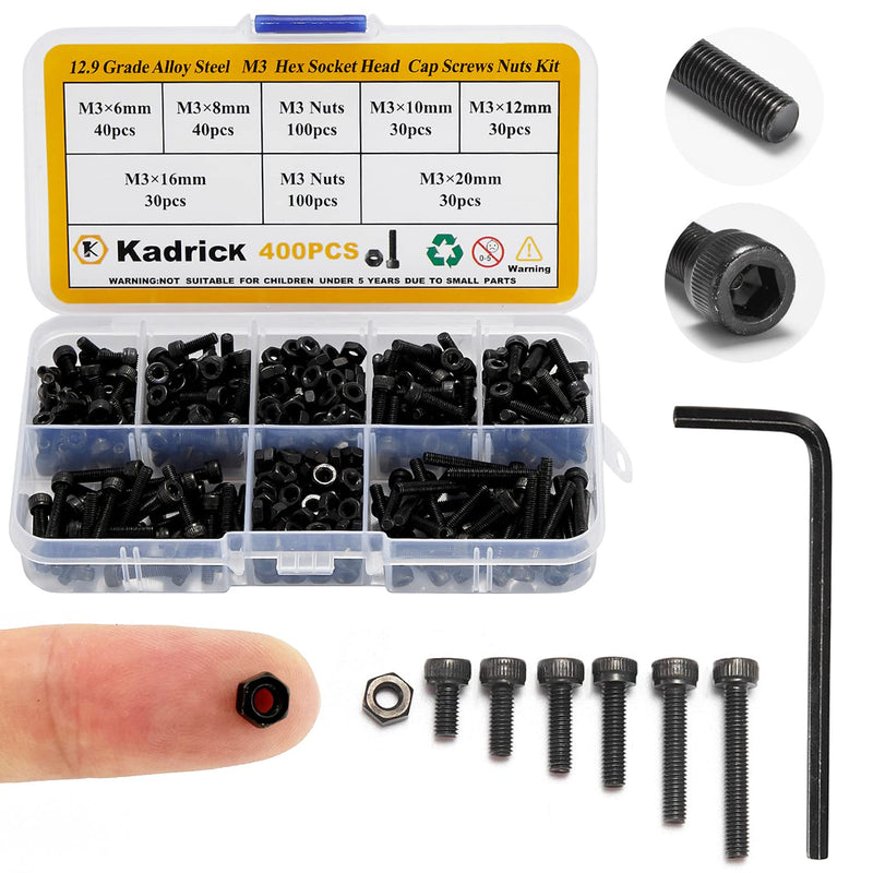 [Australia - AusPower] - Small Metric Screws Suitable for 3D Printer DIY, 400 Pcs M3 Screw and Nut Assortment Hex Socket Head Cap, 12.9 Grade Alloy Steel,Black Zinc Plated 