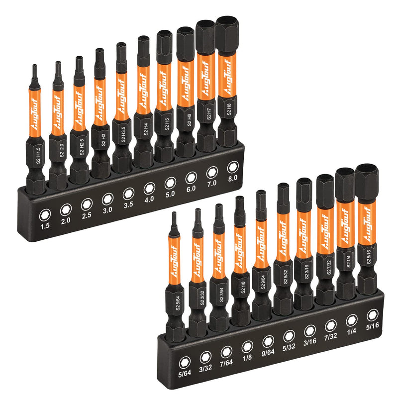 [Australia - AusPower] - toolant Impact Hex Head Allen Wrench Drill Bit Set 20pcs (Metric&SAE), 1/4 Hex-Shank S2 Steel Hex Bits Set, CNC Machined Tips with Magnetism, 2 Long with Storage Box 20pcs(Metric&SAE) 