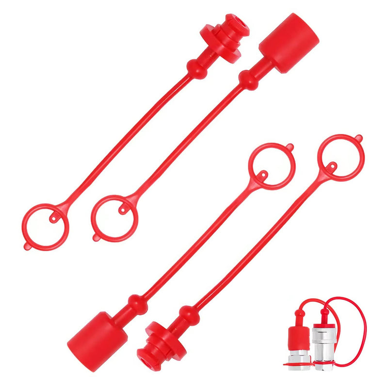 [Australia - AusPower] - 2sets 3/8 ISO A Hydraulic Coupler Male Dust Cap and Female Plug Cover,ISO A Pioneer Style Hydraulic Quick Disconnects Port Plug Cover Fittings,Red Cap with Retaining Ring Keeps Cap Connected to Hose  3/8 ISOA 