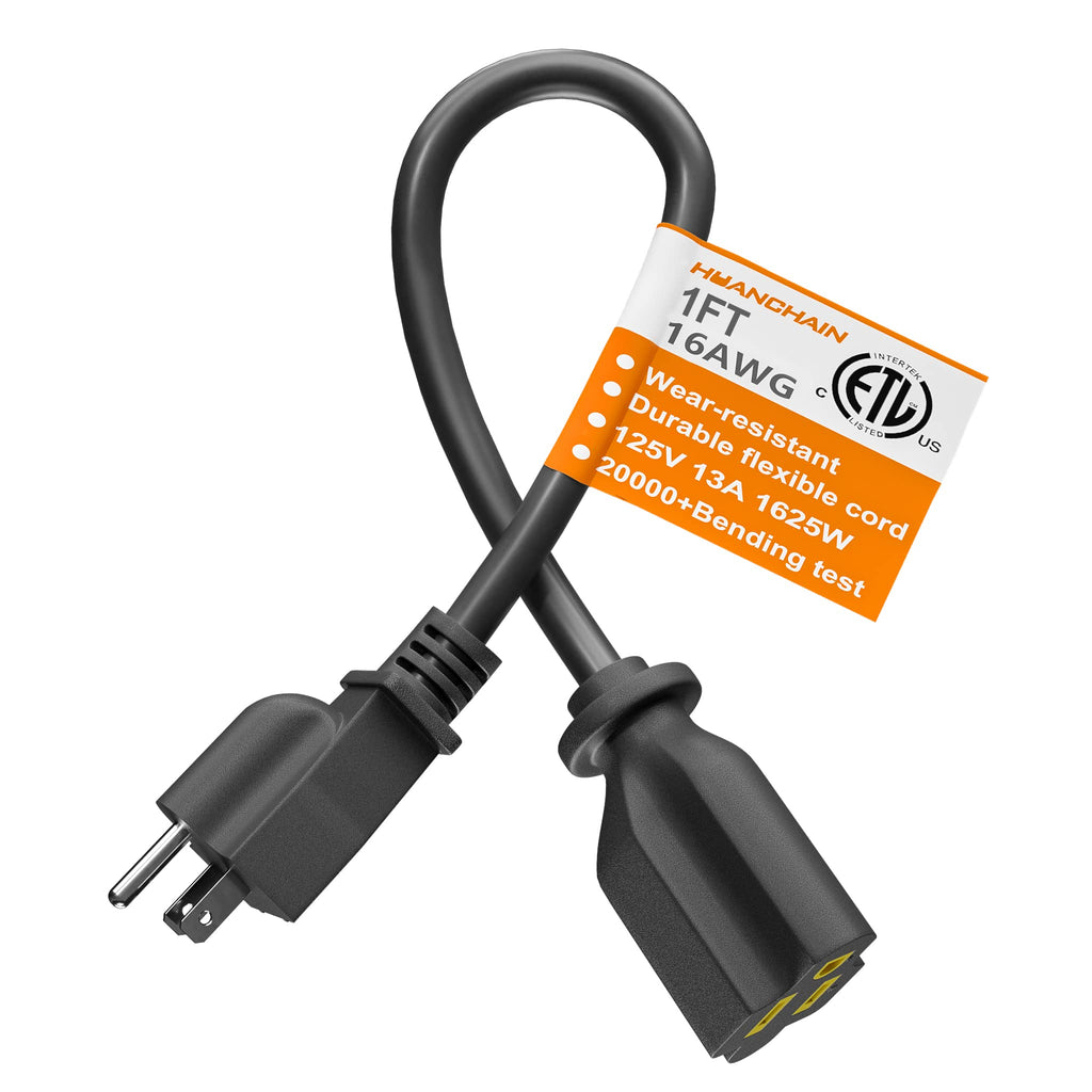 [Australia - AusPower] - 1 Foot Short Extension Cord Black, 16/3 Gauge Flexible 3 Prong Electric Cord Indoor Outlet Saver with NEMA 5-15P to NEMA 5-15R Connector, 13A 1625W 125V, ETL Listed HUANCHAIN 1ft 