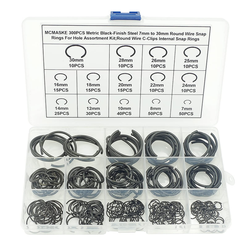 [Australia - AusPower] - MCMASKE 300PCS Metric 7mm to 30mm Round Wire C-Clips Internal Snap Rings Assortment Kit;Round Wire Snap Rings for Hole(Black-Finish Steel) 