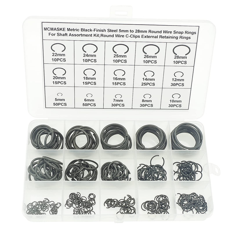 [Australia - AusPower] - MCMASKE Metric 5mm to 28mm Round Wire C-Clips External Retaining Rings Assortment Kit;Round Wire Snap Rings for Shaft(Black-Finish Steel? 
