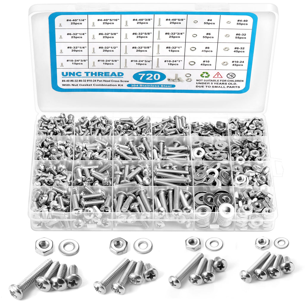 [Australia - AusPower] - 720Pcs Machine Screw Assortment Kit, 10-24#8-32#6-32#4-40 Phillips Pan Head Assorted Nuts Bolts and Flat Washers Kit, Stainless Steel Screws Hardware Assortment with Case 