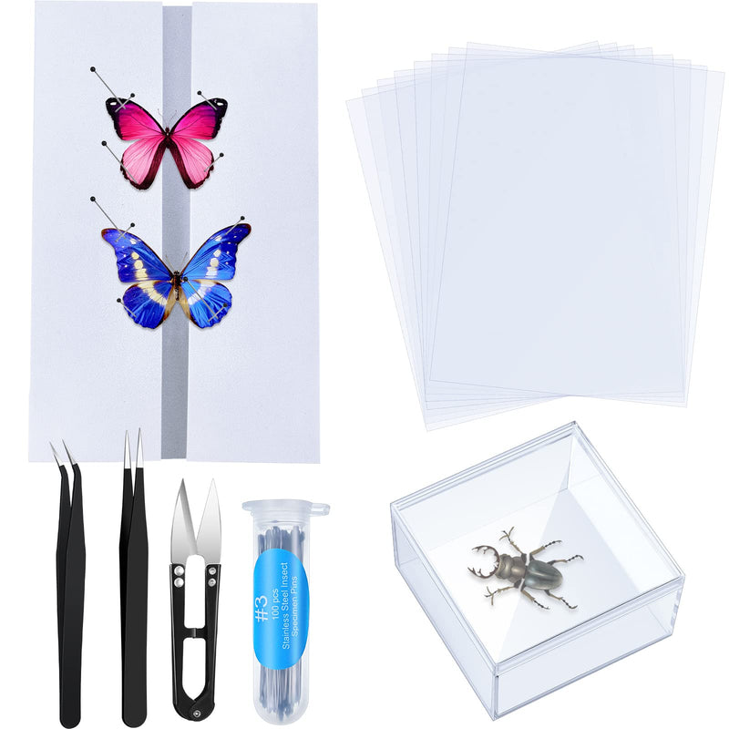 [Australia - AusPower] - 14 Pieces Insect Specimen Tools Kit Insect Display Case Box with Clear Top 8 Sheets Thin Tracing Paper Butterfly Mounting EVA Foam Pinning Board Pins 3 Pcs Insect Specimen Tools for Bugs Collection 