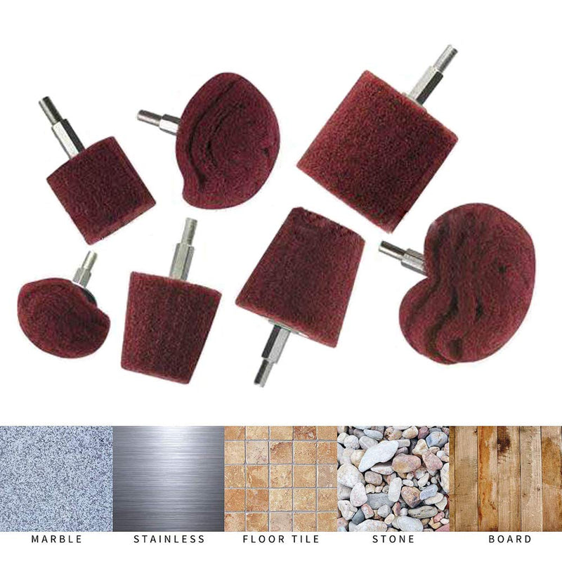 [Australia - AusPower] - Polishing (brushing) shaped scouring pad grinding head - 7Pcs Red Non Woven Abrasive Drill Buffing Attachment Set with 1/4 Handle for Manifold/Aluminum/Stainless Steel/Chrome etc. 