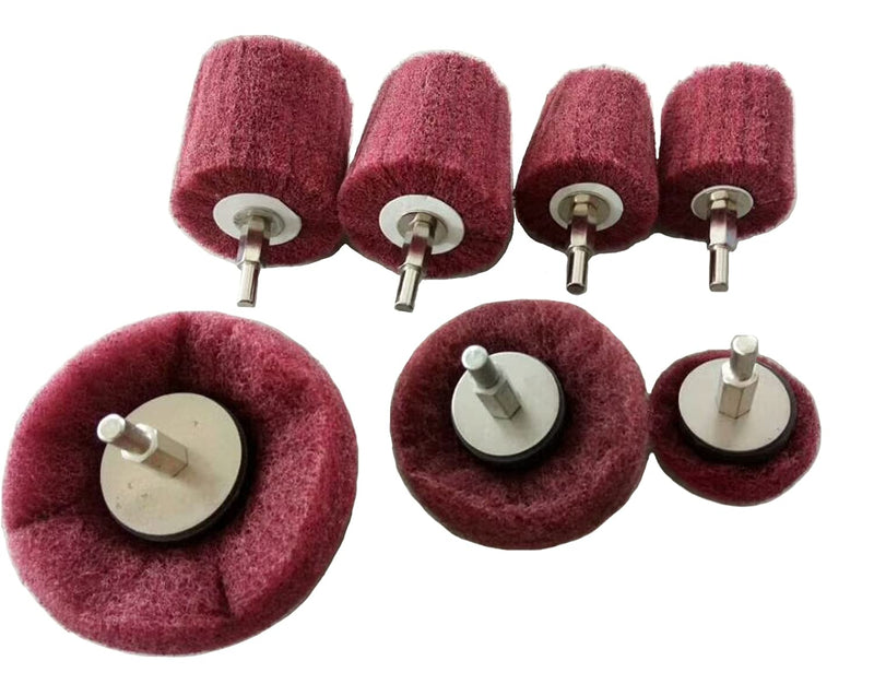 [Australia - AusPower] - Polishing (brushing) shaped scouring pad grinding head - 7Pcs Red Non Woven Abrasive Drill Buffing Attachment Set with 1/4 Handle for Manifold/Aluminum/Stainless Steel/Chrome etc. 
