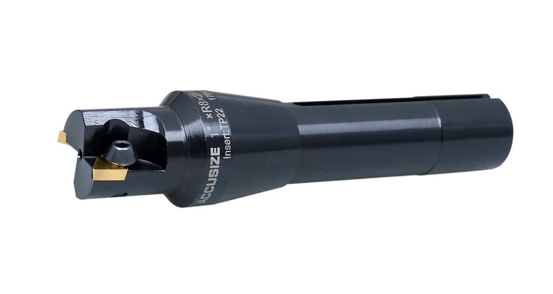 Accusize Industrial Tools 1-inch carbide indexable end mill with R8 shank, square nose, 2 flute, TPG22 inserts for machining.