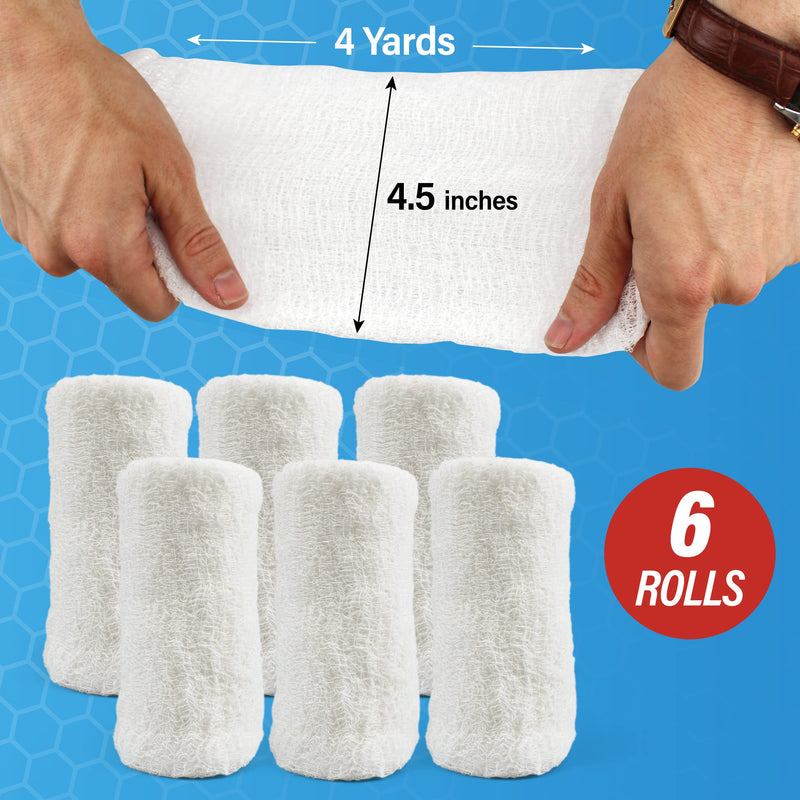 [Australia - AusPower] - Cotton Gauze Roll-100% Crinkle Weave Cotton -6 ply-STERILE -Extra Absorbency - Medical Gauze Bandage -6 Rolls –4.5 Inches X 4 Yard - Latex Free -Each roll Individual Wrapped-Hospital Grade Quality 