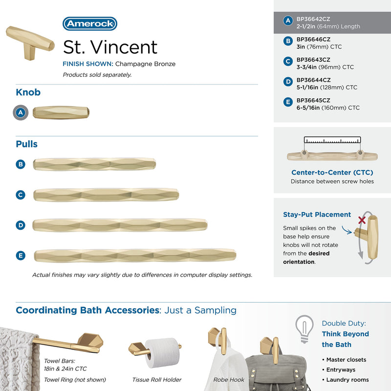 [Australia - AusPower] - Amerock | Cabinet Knob | Champagne Bronze | 2-1/2 inch (64 mm) Length | St. Vincent | 1 Pack | Drawer Knob | Cabinet Hardware 2-1/2 in (64 mm) Length 