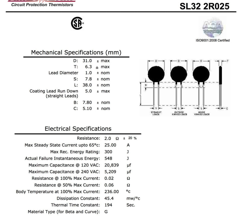 [Australia - AusPower] - AMETHERM SL32 2R025 NTC THERMISTOR (5 pieces) 