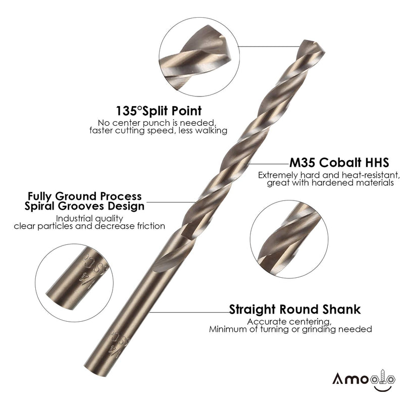 [Australia - AusPower] - AMOOLO 1/4" Cobalt Drill Bits(10Pcs), M35 High Speed Steel Jobber Length Twist Drill Bit Set for Hardened Metal, Stainless Steel, Cast Iron, Plastic and Wood 1/4 in (10pcs) 