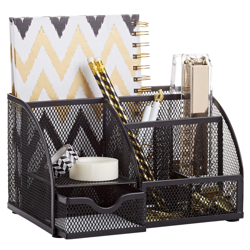 [Australia - AusPower] - Annova Mesh Desk Organizer Office with 7 Compartments + Drawer/Desk Tidy Candy/Pen Holder/Multifunctional Organizer - Black 