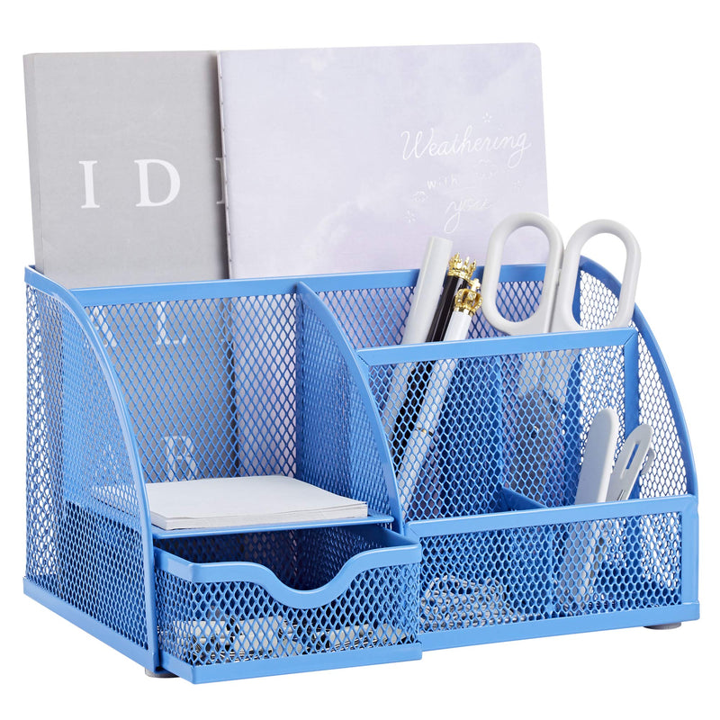 [Australia - AusPower] - Annova Mesh Desk Organizer Office with 7 Compartments + Drawer/Desk Tidy Candy/Pen Holder/Multifunctional Organizer - Sapphire Blue 