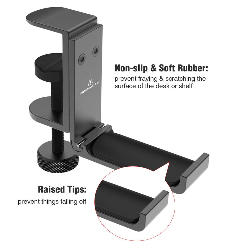 [Australia - AusPower] - APPHOME [Upgrade] Foldable Headphone Stand Hanger Holder Aluminum Headset Soundbar Stand Clamp Hook Under Desk Space Save Mount Fold Upward Not in Use, Universal Fit Gaming PC Accessories, Black 