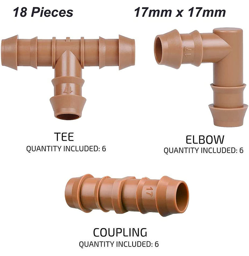 Arfun 18-piece drip irrigation fitting set with couplings, tees, and elbows for 17mm drip tubing, garden watering system.