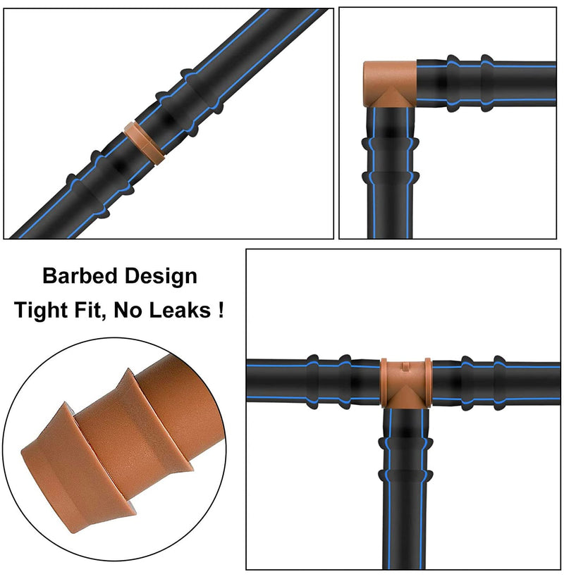 Arfun 18-piece drip irrigation fitting set with couplings, tees, elbows for 17mm or 1/2 inch tubing, garden watering system.