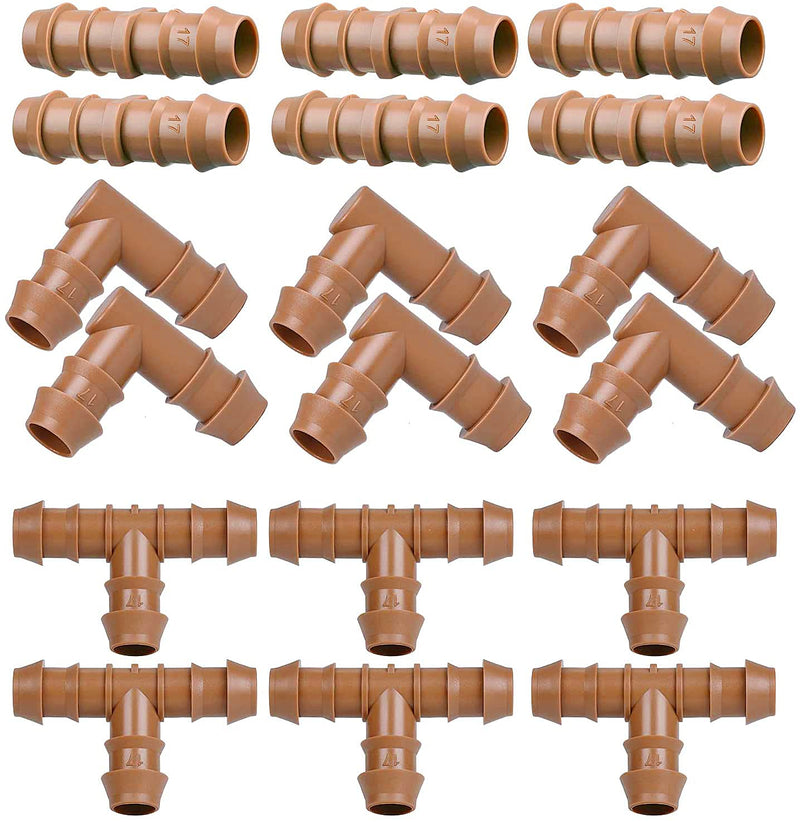 Arfun 18-piece drip irrigation fitting set with couplings, tees, elbows for 17mm or 1/2-inch drip tubing, garden watering supplies.