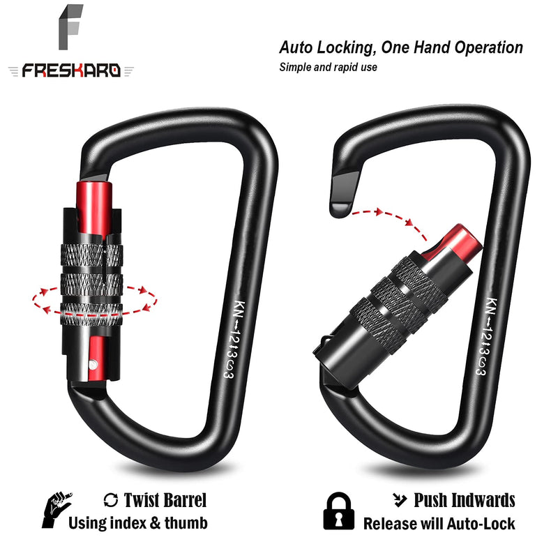 [Australia - AusPower] - FresKaro 3inch Auto Locking Carabiner Clips, Solid D Shape Style, Strong and Heavy Duty Hold Max 2698lbs, Ultra Light 1.09oz, Black (Black, Pink) Black-3pcs 