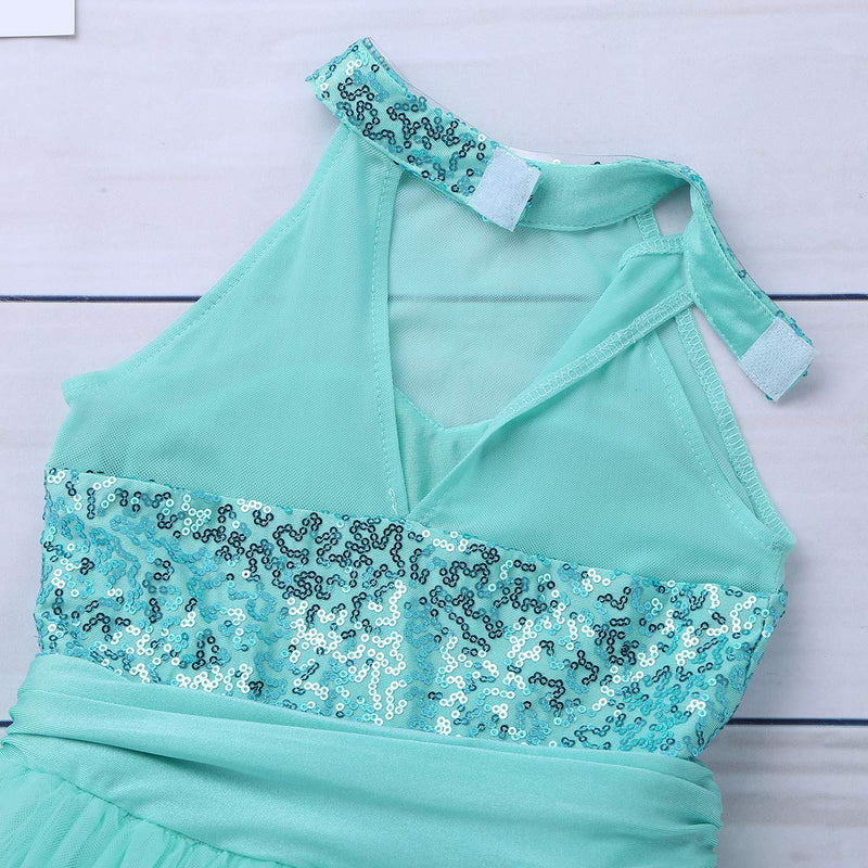 [Australia - AusPower] - Agoky Kids Girls Halter Sleveeless Sequins Mesh Ballet Tutu Dress Gymnastics Leotard Jumpsuit Lake Blue 8-10 
