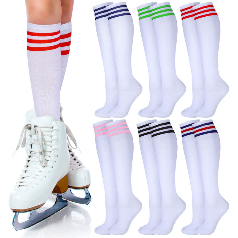 [Australia - AusPower] - 6 Pairs Roller Skate Socks Knee Socks Figure Skating Socks Athletic Sport Socks Striped Cotton Socks Long Tube Socks High Ankle Crew Socks for Men Women Girls Youth 