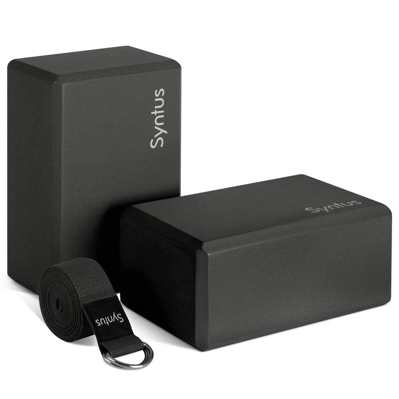 [Australia - AusPower] - Syntus Yoga Block and Yoga Strap Set, 2 EVA Foam Soft Non-Slip Yoga Blocks 9×6×4 inches, 8FT Metal D-Ring Strap for Yoga, General Fitness, Pilates, Stretching and Toning Workouts Black 