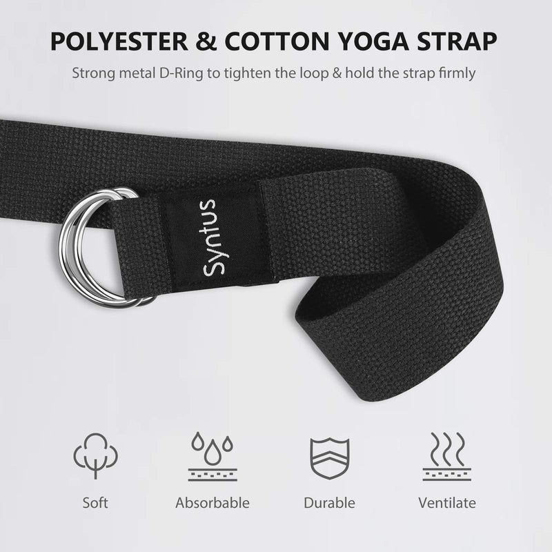 [Australia - AusPower] - Syntus Yoga Block and Yoga Strap Set, 2 EVA Foam Soft Non-Slip Yoga Blocks 9×6×4 inches, 8FT Metal D-Ring Strap for Yoga, General Fitness, Pilates, Stretching and Toning Workouts Black 