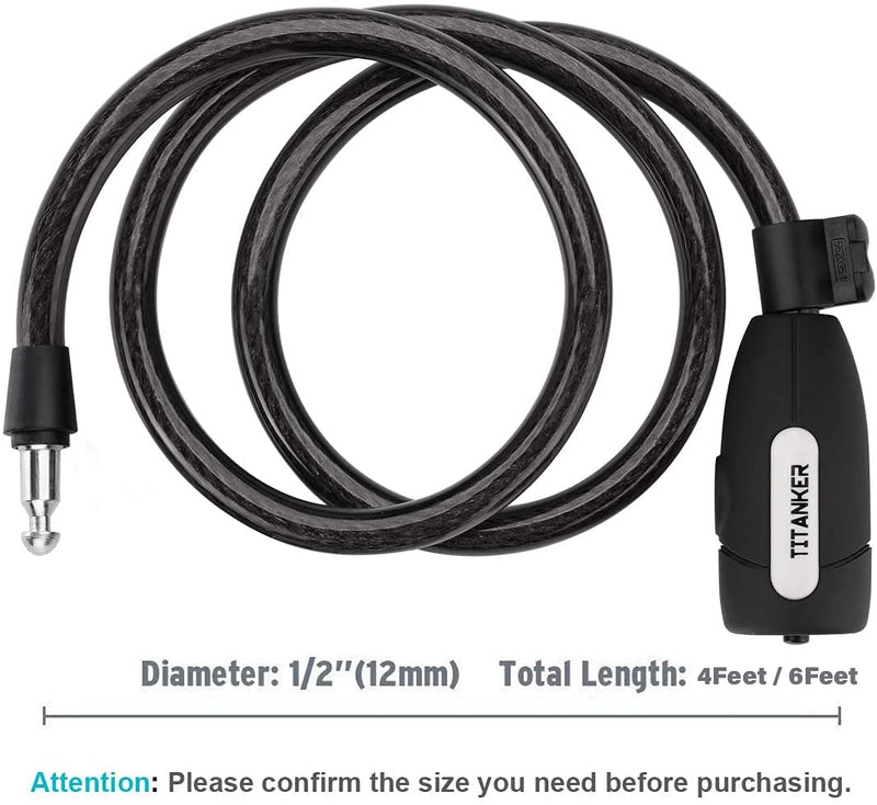 [Australia - AusPower] - Titanker Bike Lock, Bike Locks Cable Lock Coiled Secure Keys Bike Cable Lock with Mounting Bracket, 1/2 Inch Diameter 4 FT Clear Black 