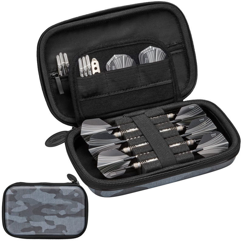 [Australia - AusPower] - Casemaster Sentinel 6 Dart Case, Holds Extra Accessories, Tips, Shafts and Flights, Compatible with Steel Tip and Soft Tip Darts, Impact & Water Resistant Tactech Shell, Black Camo 