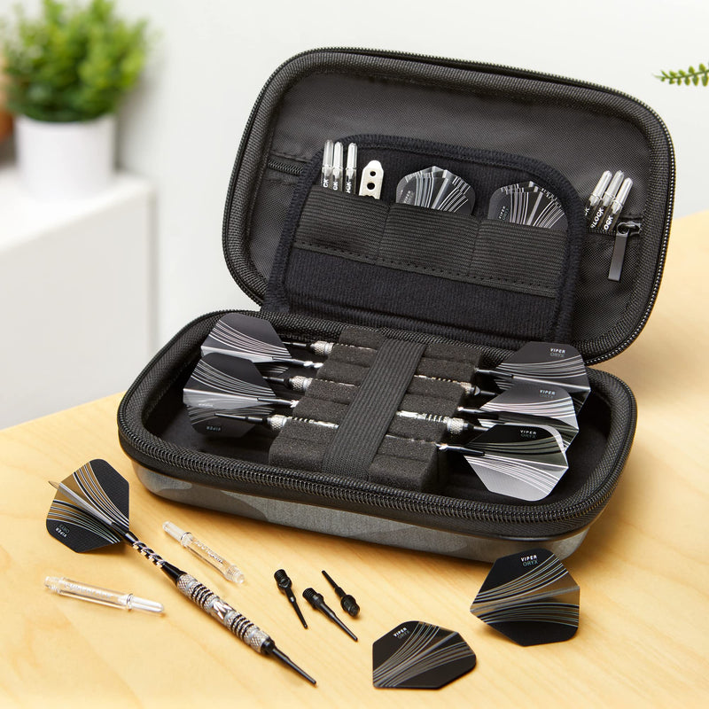 [Australia - AusPower] - Casemaster Sentinel 6 Dart Case, Holds Extra Accessories, Tips, Shafts and Flights, Compatible with Steel Tip and Soft Tip Darts, Impact & Water Resistant Tactech Shell, Black Camo 