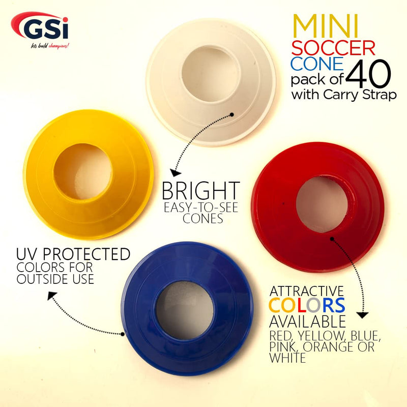 [Australia - AusPower] - GSI Mini Soccer Cones (Pack of 40) - Small Disc Cone for Agility Drills Training Practice Football Soccer Athletics Field Markers with Shoulder Strap 
