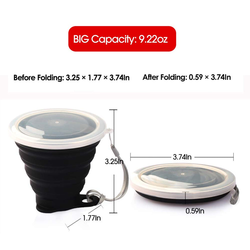 [Australia - AusPower] - ME.FAN Silicone Collapsible Travel Cup - Silicone Folding Camping Cup with Lids - Expandable Drinking Cup Set - Portable, Graduated [9.22oz] 4 Pack-Black 