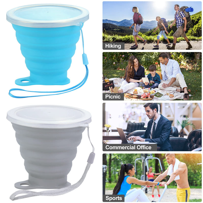 [Australia - AusPower] - Silicone Collapsible Cups for Camping Travel, Small Portable Drinking Cup with Lids Reusable for Outdoor Hiking 270ml (Blue & Gray, 2Pack) 