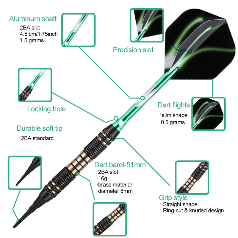[Australia - AusPower] - sanfeng Soft tip Darts Set 18 Gram - Professional Darts Plastic Tip with Brass Barrel + Aluminum Shafts + 50 Rubber o-Ring + 6 Flights +30 Soft Tips for Electronic Dartboard GREEN 