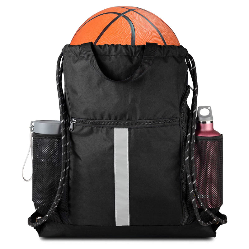 [Australia - AusPower] - Drawstring Backpack Sports Gym Bag With Shoe Compartment and Two Water Bottle Holder Black 16" x 19.5" 