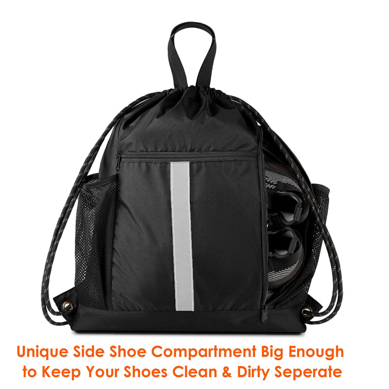 [Australia - AusPower] - Drawstring Backpack Sports Gym Bag With Shoe Compartment and Two Water Bottle Holder Black 16" x 19.5" 