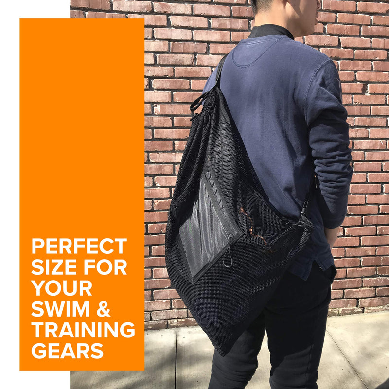 [Australia - AusPower] - Fitdom Large Mesh Swim Drawstring Sling Bag. Best for Swimming, Gym & Beach Jet Black 