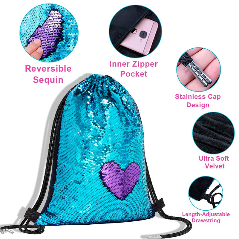 [Australia - AusPower] - Mermaid Reversible Sequin Drawstring Backpack Christmas Gift Party Bag Headband Keychain Bracelet for Kids Girls Birthday 1-blue/Purple 